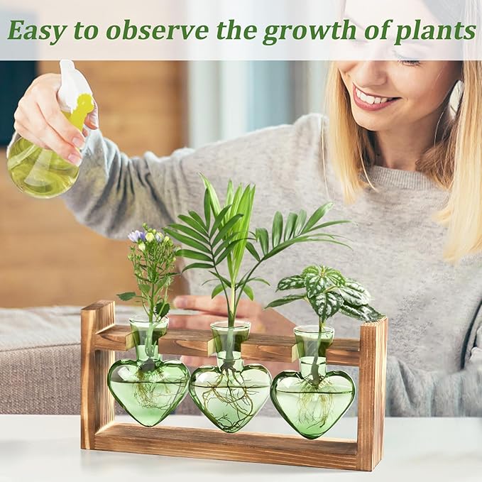 Lifecapido Heart Shaped Propagation Stations, Plant Terrarium with Wooden Stand, Plant Propagation Station for Hydroponics Office Garden Home Decor, Gifts for Women Plant Lover (3 Vases, Mint Green)