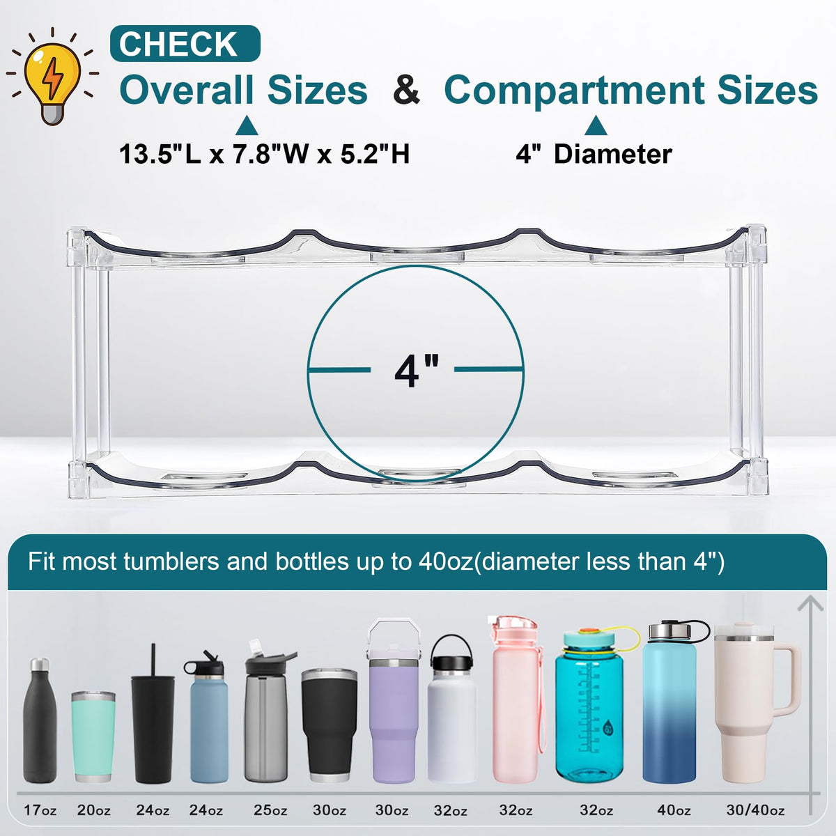 LARGER Compartment - Stackable Water Bottle Organizer Holder - for Stanley & Others' Large Tumbler - Clear Wine Rack, Cup Bottle Holder for Cabinet Home Countertop Fridge Pantry Shelf, 3 Tier Hold 9