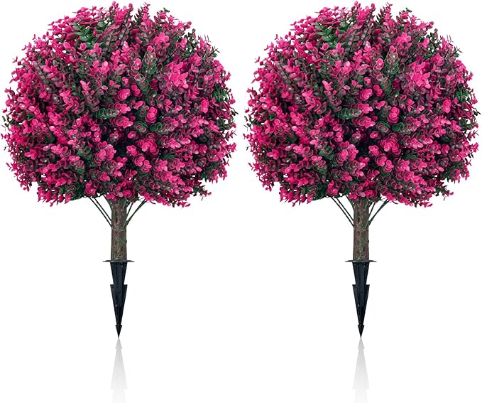 Artificial Topiary Tree with Pink Eucalyptus, Set of 2-17in UV Resistant Fake Evergreen Tree for Porch, Outdoor Artificial Plants for Planters - Ground Spike Included FZHCZWZX