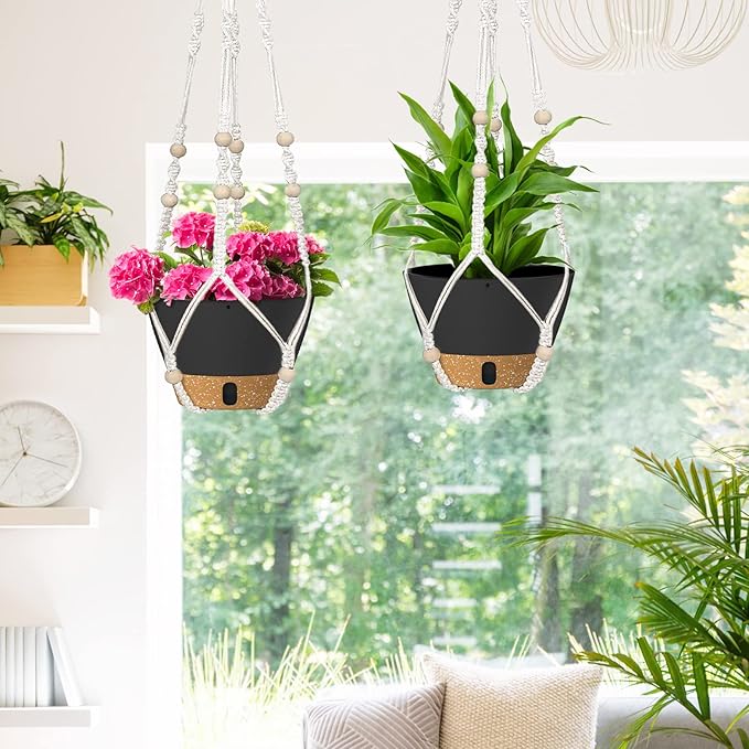 ZMTECH 2 Pack 10 Inch Hanging Planters with Macrame Plant Hanger for Indoor and Outdoor Plants, Self Watering, Drainage Hole, Visible Level Tray, Gray