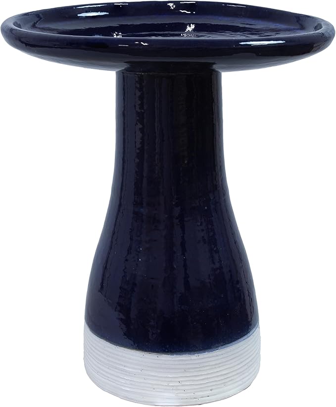 Sunnydaze 21" H Ceramic Bird Bath for Outside - Hand-Painted Outdoor Bird Bath Bowl, UV/Frost-Resistant Finish - Midnight Blue - Ribbed Pedestal