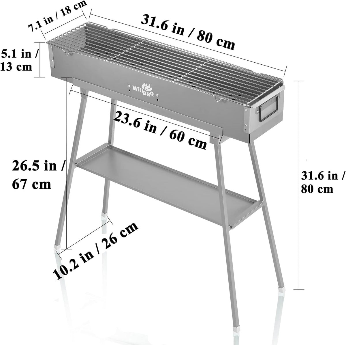 Charcoal Grills Commercial Quality Portable Multiple Size Hibachi BBQ Lamb Skewer Folded Camping Barbecue Grill for Garden Backyard Party Picnic Travel Outdoor Cooking Use(31.6x7.1x5.1 inch)