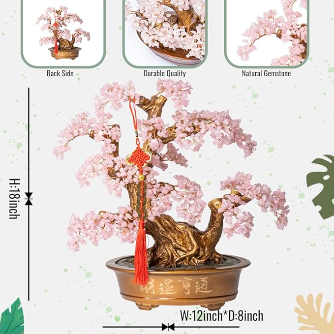 Natural Rose Quartz Gemstone Crystal Bonsai Tree of Life（1,350 Gemstone Count） Large Feng Shui Money Chakra Tree for Luck and Wealth Decoration 20 Inches