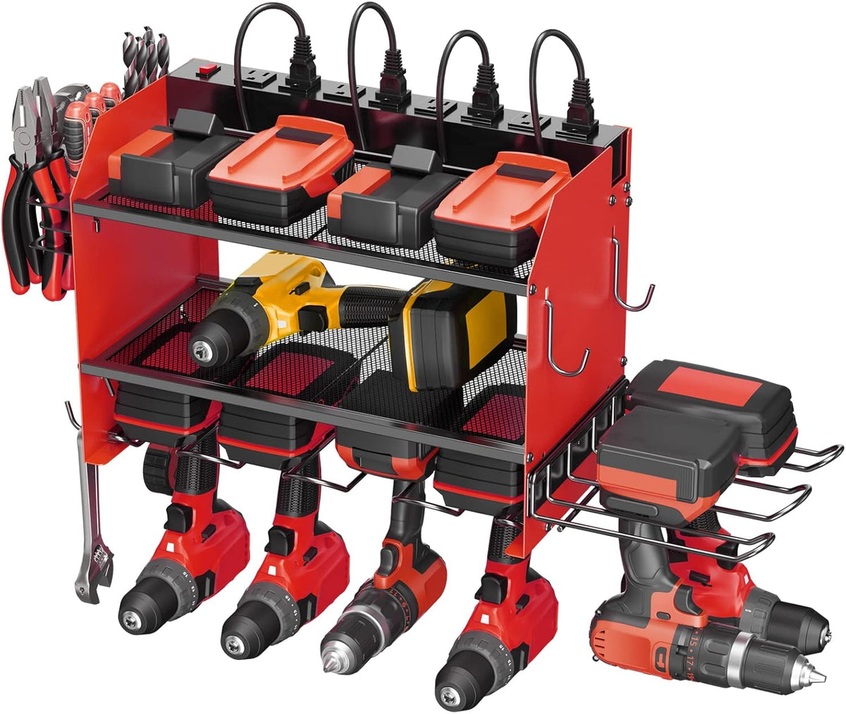 CCCEI Modular Power Tool Organizer Wall Mount Charging Station, Red 6 Drills Holder with 8 Plug Power Strip, Garage Drill Battery Heavy Duty Metal Shelf, Utility Rack with Hooks, Side Storage.