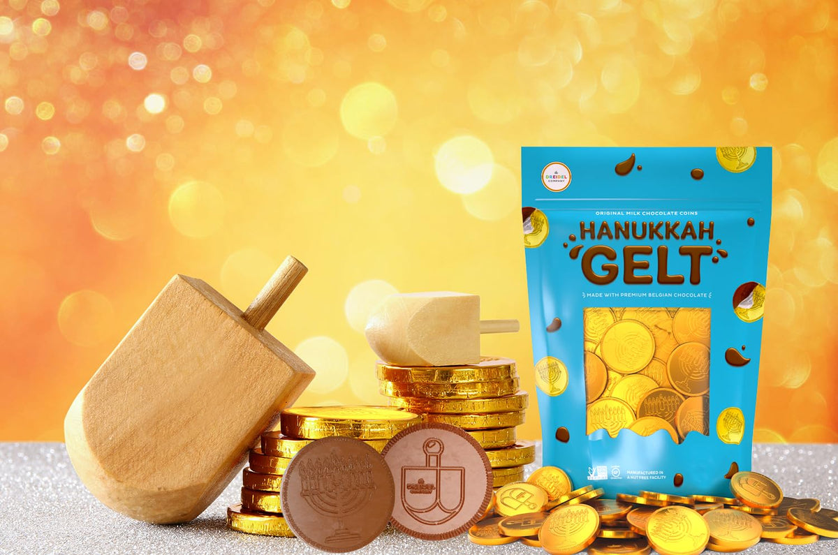 The Dreidel Company 100-Pack Chocolate Coins, Hanukkah Gelt, Gold Coins,With Dreidel and Menorah Designs Made with Belgian Ingredients, Gluten Free