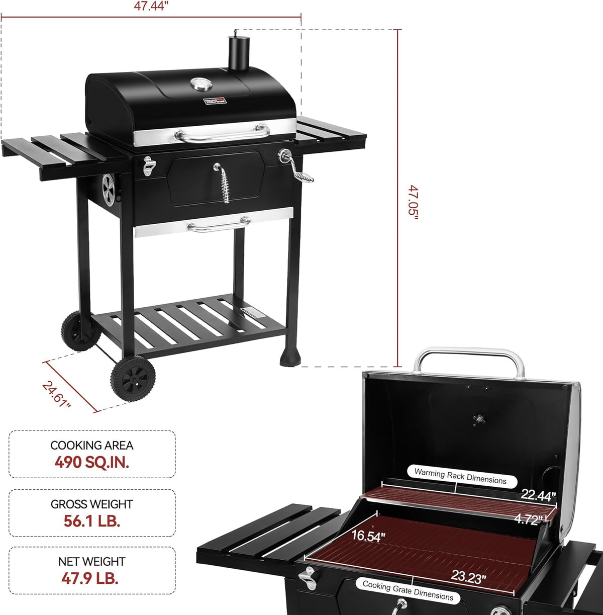 Royal Gourmet CD1824EC 24 Inch Movable Charcoal Grill with Cover, 490 Sq. In. Cooking Area, Outdoor Barbecue Grill with Foldable Side Tables for Outdoor Picnic and Camping Grilling, Black