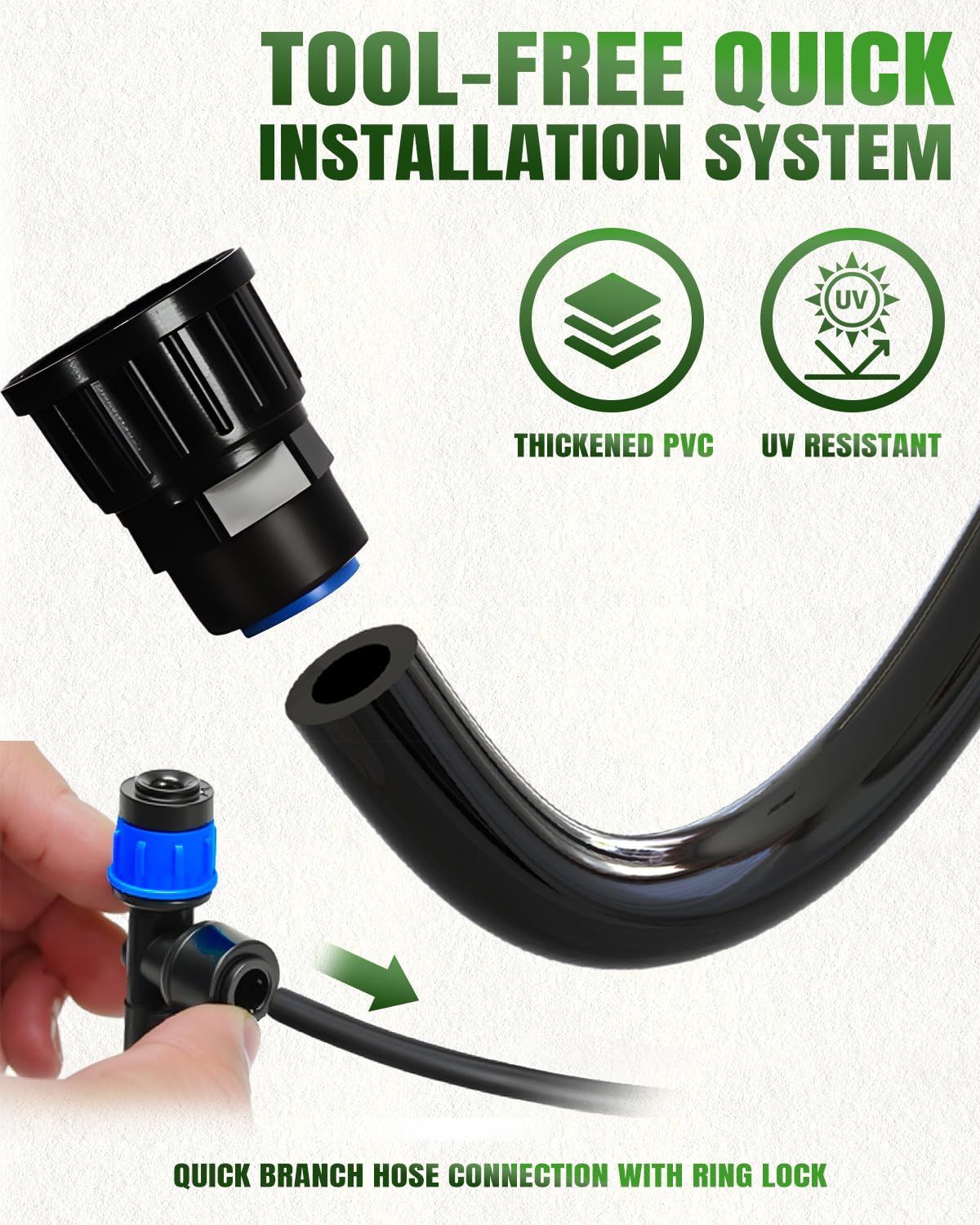 Breeze Touch 230ft Quick-Connect Drip Irrigation System, Automatic Garden Watering System with 1/2" & 1/4" Fast-Lock Tubing - Adjustable Nozzles & Sprinklers for Garden,Greenhouse, Lawn,Potted Plants