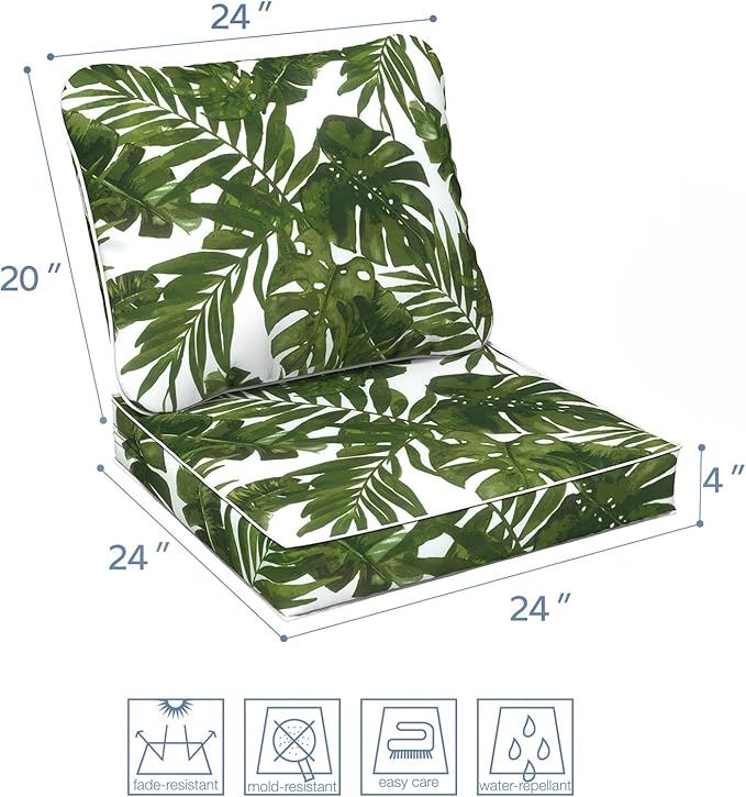 LVTXIII Outdoor/Indoor Deep Seat Cushion Patio Seat and Back Cushion Set All-Weather Replacement Chair Cushion for Chairs Sofa and Coach, 24"x24"x4", Palms Green