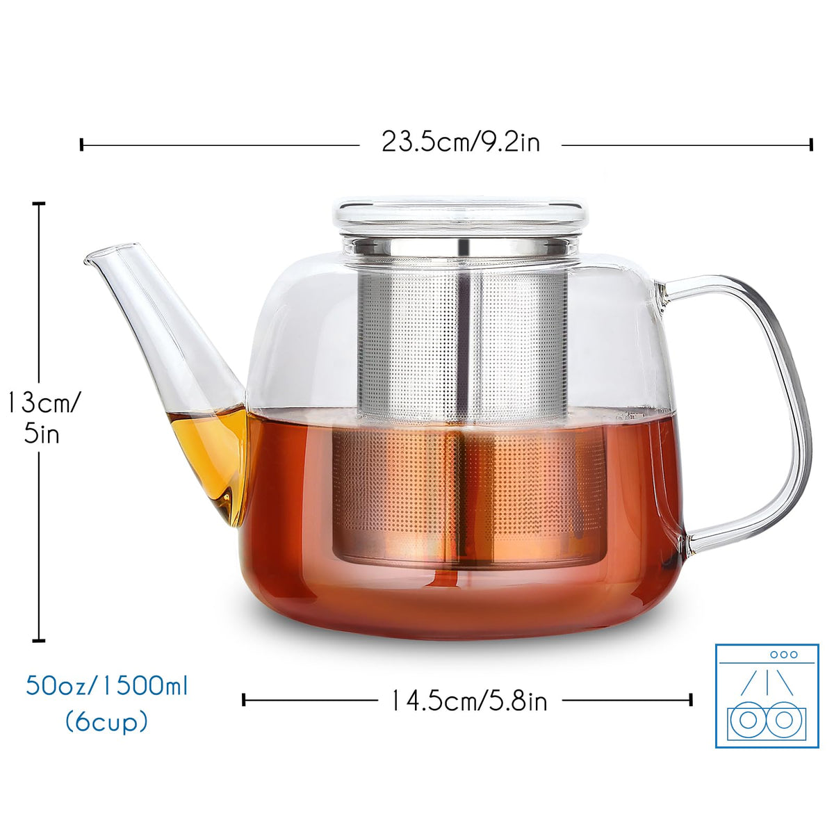 Easyworkz Borosilicate Glass Teapot 50oz with Large Stainless Steel Removable Loose Tea Infuser for Fruit Herbal and Infusion