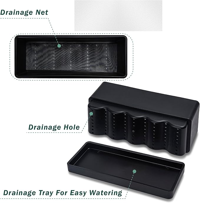 D'vine Dev 12 Inch Window Box Planter, Rectangle Plastic Herb Planter with Drainage Holes and Saucer, Indoor Succulent Cactus Vegetable Pot for Windowsill, Garden Balcony, Black, Set of 2, 76-X-B-2