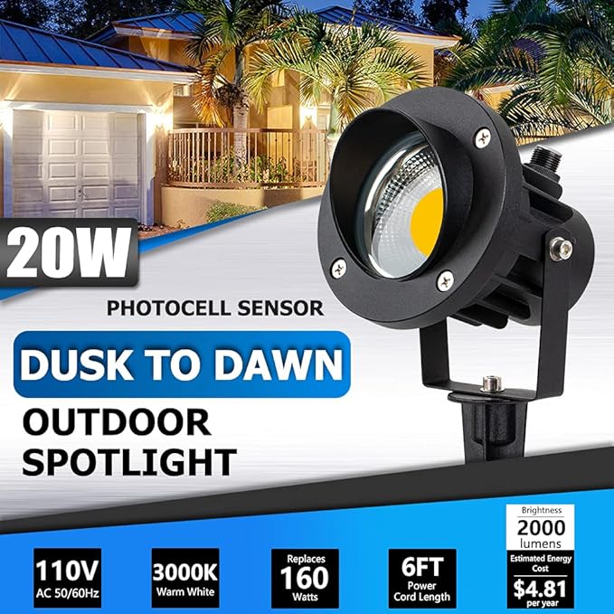 SUNVIE Outdoor LED Spotlight with Dusk to Dawn Photocell Light Sensor 20W Landscape Lights 120V AC 3000K Warm White Waterproof Landscape Spotlights for Yard Tree Flag Garden Decor 6 FT Cord(2 Pack)