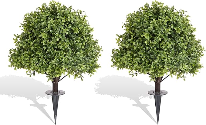 27" Tall Artificial Boxwood Ball Topiary Trees Set of 2, UV Resistant Large Faux Plants Outdoor, 2ft Fake Bushes and Shrubs Look Real with Ground Spike for Front Porch Outside Planter Backyard Decor