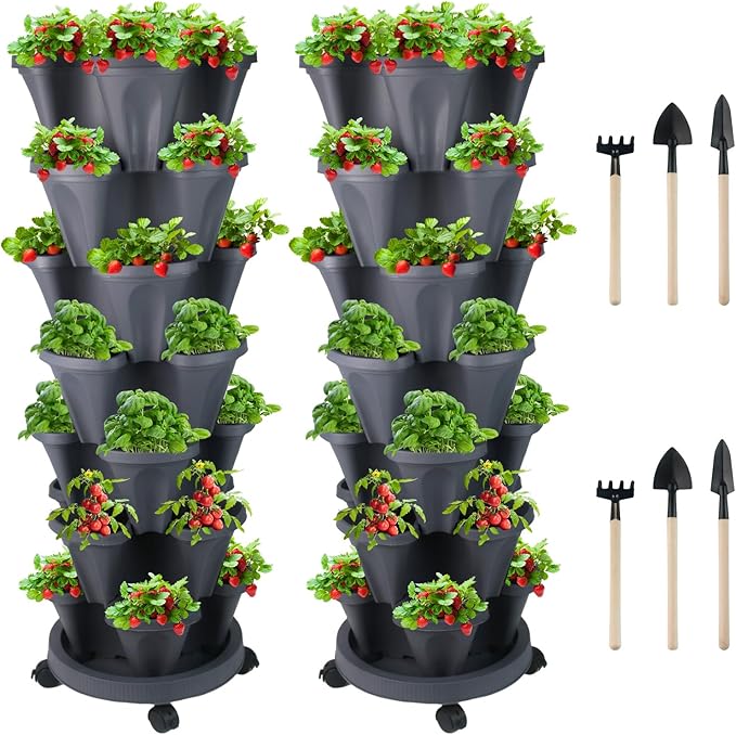 Vertical Planter 7 Tier Stackable Planters Garden Planters Strawberry Herb Flower and Vegetable Planter Indoor Outdoor Gardening Pots with Removable Wheels and Tools