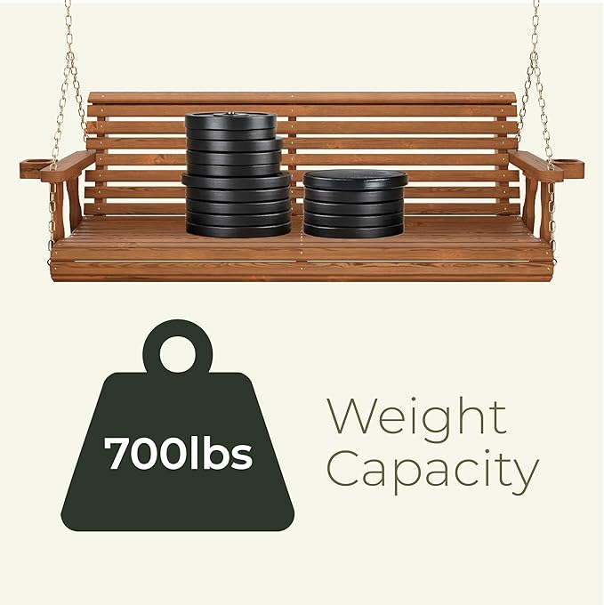 Amish Casual 6 Foot Roll Back Porch Swing with Cup Holders in Oak Stain - Amish Made in The USA from Treated Pine Heavy Duty 700 Lb. Weight Capacity