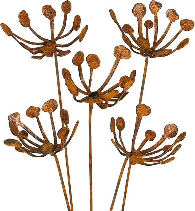 Metal Flower Arrangement 3 or 5-Piece Set, Rusty Finish, Made in USA (Set of 5)