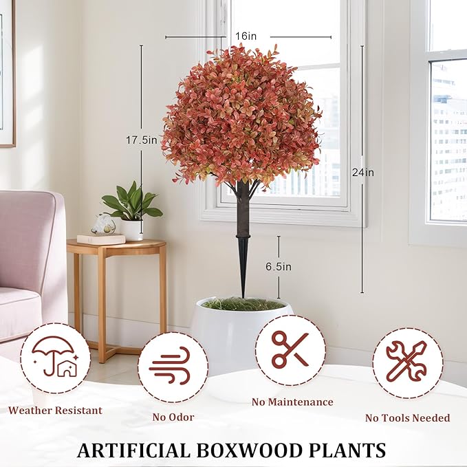 24" Tall Artificial Boxwood Ball Fall Topiary Trees Set of 2, UV Resistant Large Faux Plants Outdoor, 2ft Fake Bushes and Shrubs Look Real with Stake for Front Porch Outside Planter Backyard Decor