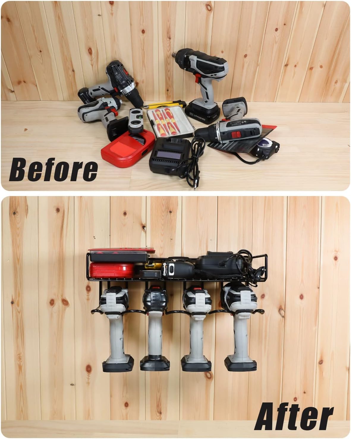 Heavy Duty Tool Organizer, 16" W x 7.48" H x 5.51" D, 4 Wall Mount Anchors, 3.95" Between Slots, Sturdy Steel Construction, Ideal for Power Tools (2 Pack)