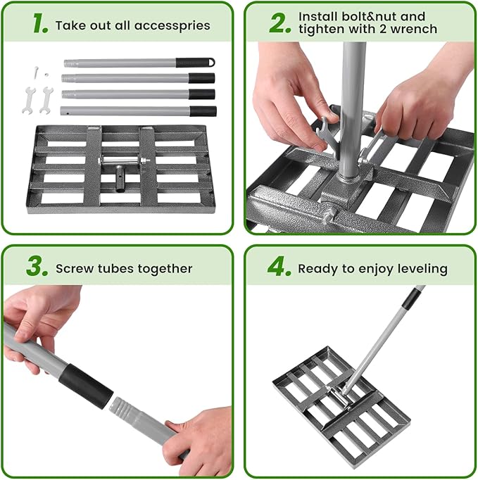 Lawn Leveling Rake, Lawn Leveler with Stainless Steel Long Handle, Heavy Duty Yard Level Tool for Leveling Soil, Sand Or Dirt Surfaces, Gardening Gloves Gift Included (17x10in)