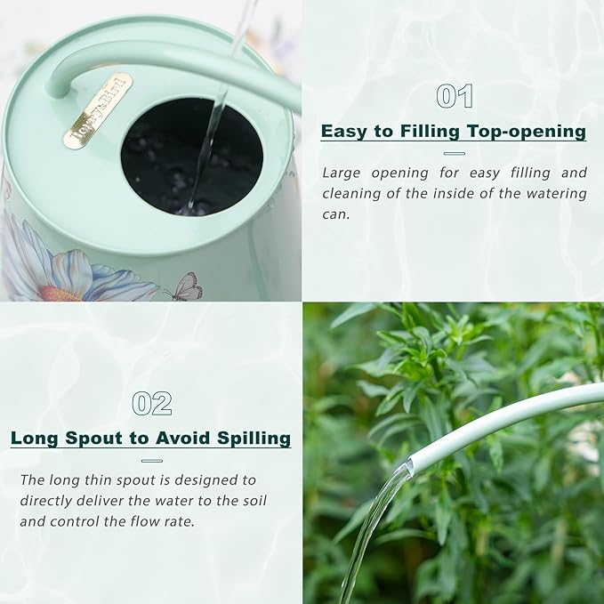 Berry&Bird House Plants Watering Can - Indoor&Outdoor 1/2 Gallon Stainless Steel Water Can with Long Spout Garden Decoration for Flower Bonsai Succulent Gardening Large Water Bottle (Bellis Perennis)