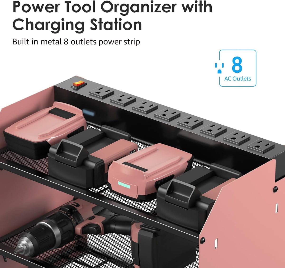 CCCEI Modular Power Tool Organizer Wall Mount with Charging Station. Garage 4 Drill Storage Shelf with Hooks, Drill Bit Heavy Duty Rack, Pink Tool Battery Holder Built in 8 Outlet Power Strip.