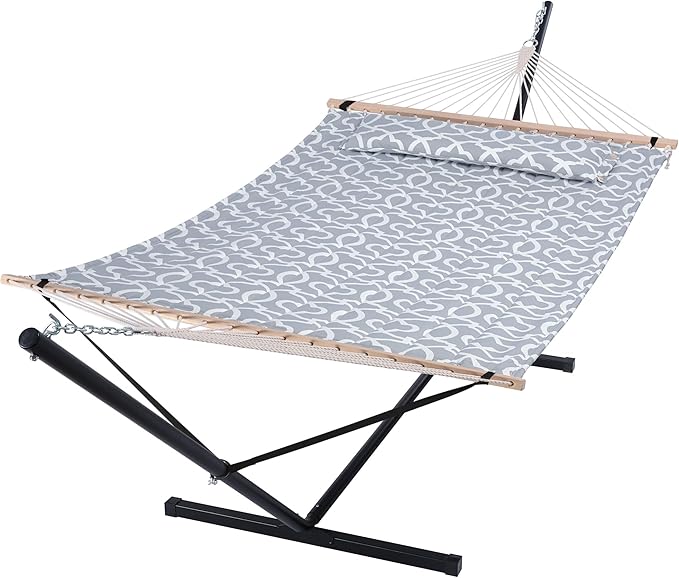 SUNCREAT 55 Inch Extra Large Double Hammock with Stand, 475lbs Capacity, Outdoor Portable Hammock with Hardwood Spreader Bar, Extra Large Pillow, Grey