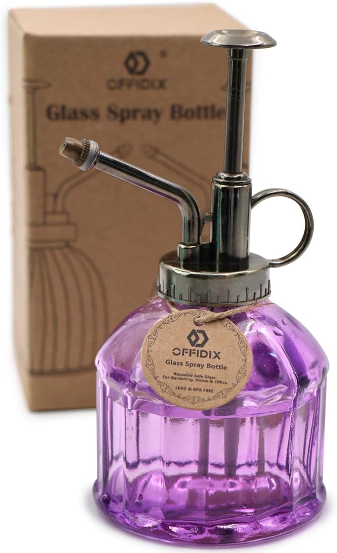 OFFIDIX Glass Watering Spray Bottle,Plant Mister watering can indoor with Bronze Plastic Top Pump, Glass Small Watering Can for Garden, Plants, Cleaning (Purple)