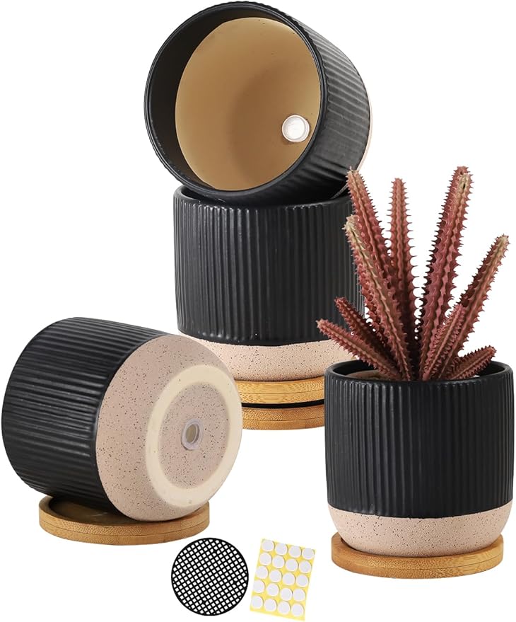 AOMRYOM 4 Inch Small Ceramic Plant Pots with Drainage Hole and Saucer, Modern Flower Planter for Succulent, Indoor Plants, Cactus, Herbs, Black, Set of 4 (Plant Not Included)