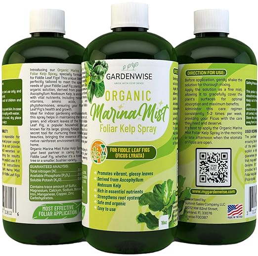 Organic Marina Mist Foliar Spray for Fiddle Leaf Fig and Other Ficus Trees | Micro Nutrients for Vital Health | Gentle Formula | Liquid Plant Food | Quick Results | Ready to Use (8 OZ)