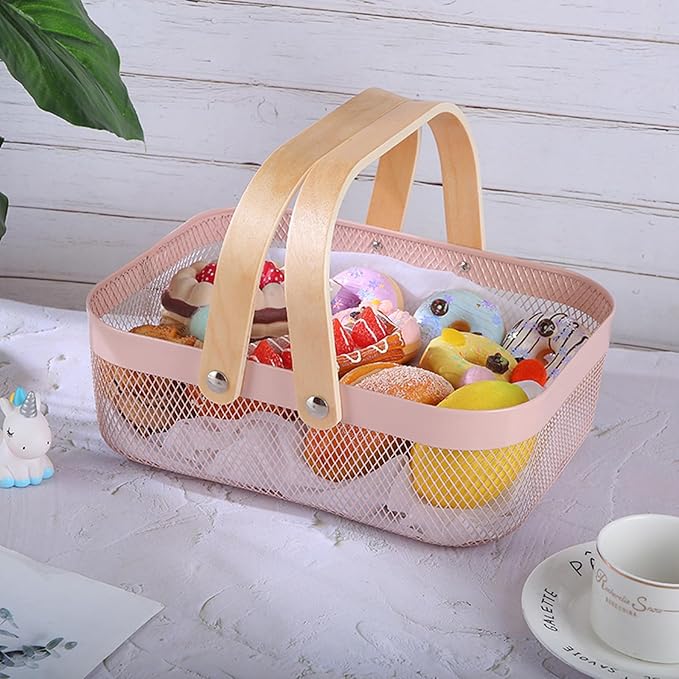 Metal Mesh Steel Basket, Storage Organizer Basket Garden Harvest Basket Multi-functional Kitchen Fruit Baskets Bin with Wooden Handle for Bathroom Picnic Shopping Decor Cabinet Home, Pink