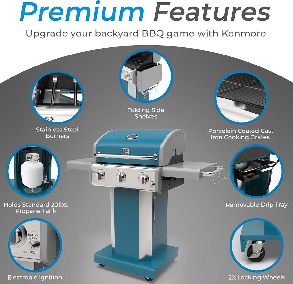 Kenmore 3-Burner Propane BBQ Grill, 30,000 BTUs Gas Grill with Cast Iron Cooking Grates, Folding Side Tables & Wheels, Outdoor Grill with Tool Hooks, Teal