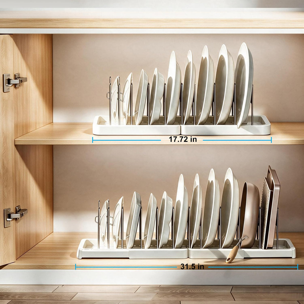 Expandable Pots and Pans Organizer Rack with 12 Stainless Steel Dividers