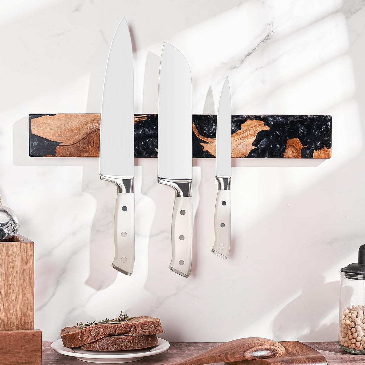 Magnetic Knife Holder for Wall, 16 Inch Burl Wood & Black Resin Strip