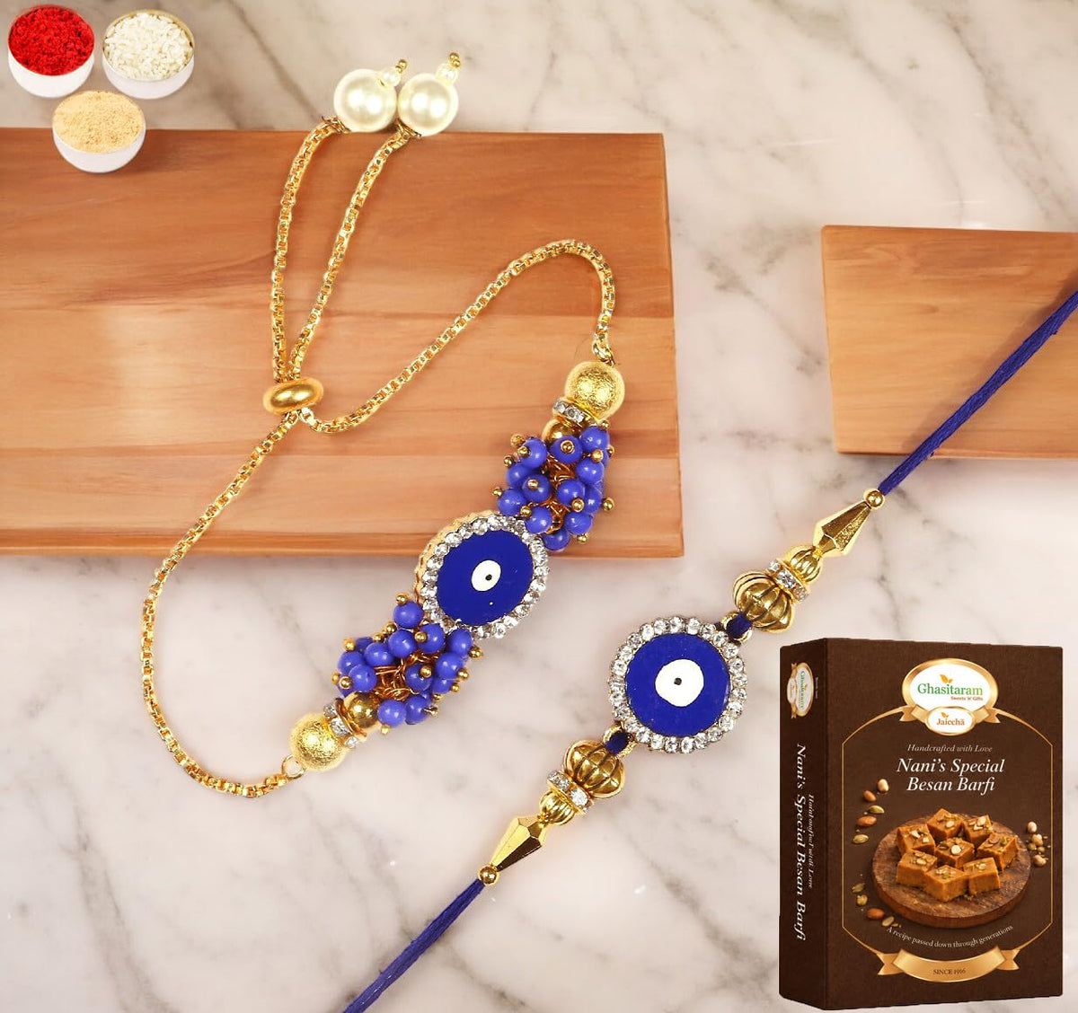 Ghasitaram Gifts Rakhis Online - Rakhi for Brother-KB-7 Bhaiya Bhabhi Rakhi with 400 GMS of Besan Barfi