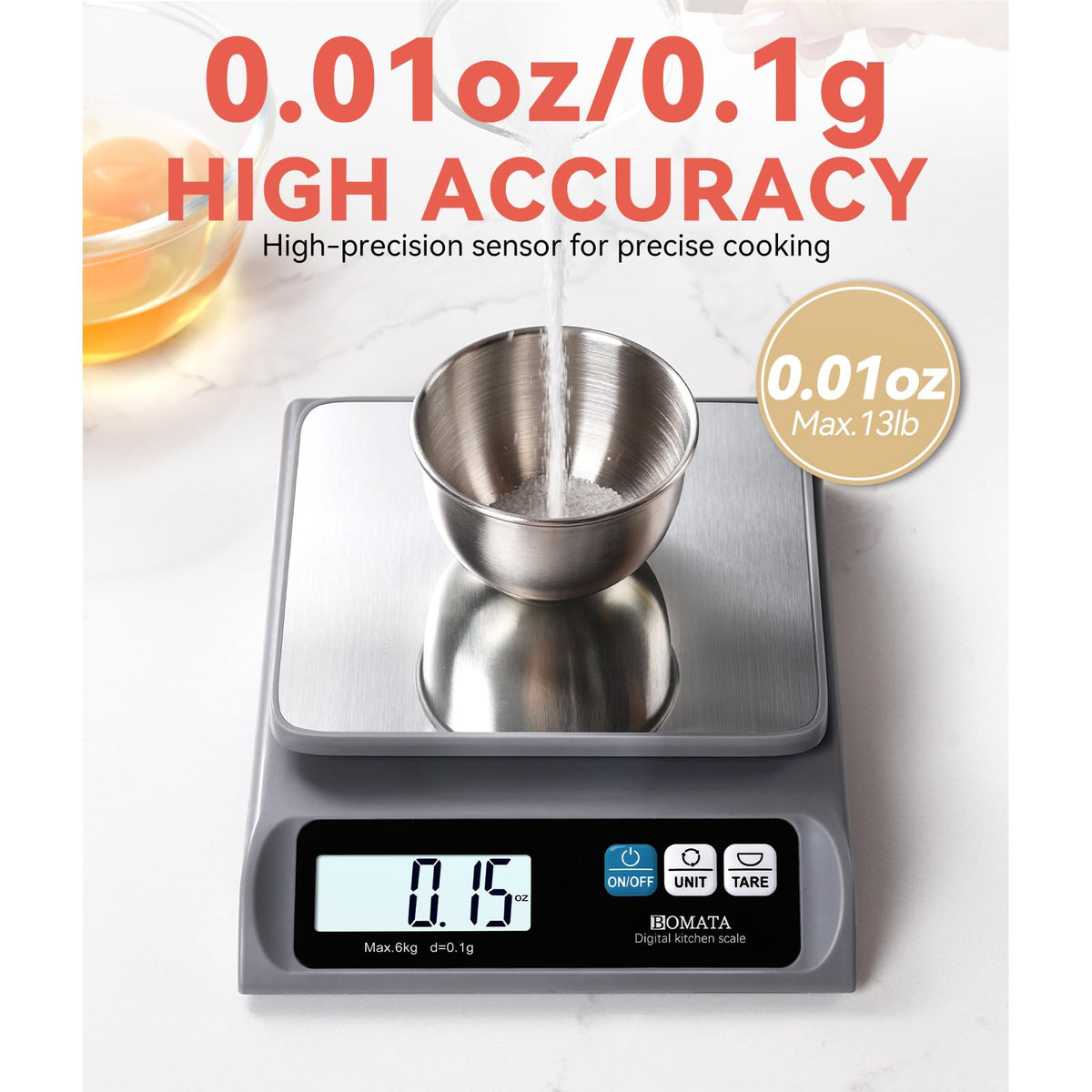 BOMATA 13lb/0.1g Precision Digital Food Scale for Kitchen, Grams and Ounces