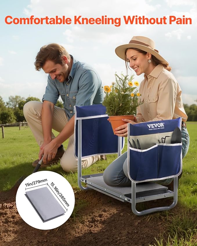 VEVOR Garden Kneeler and Seat Heavy Duty, Portable Garden Stool with 11'' EVA Kneeling Pad and 2 Tool Bags, Folding Garden Bench to Relieve Knee & Back Pain, Great Gifts for Seniors, Family Gardeners