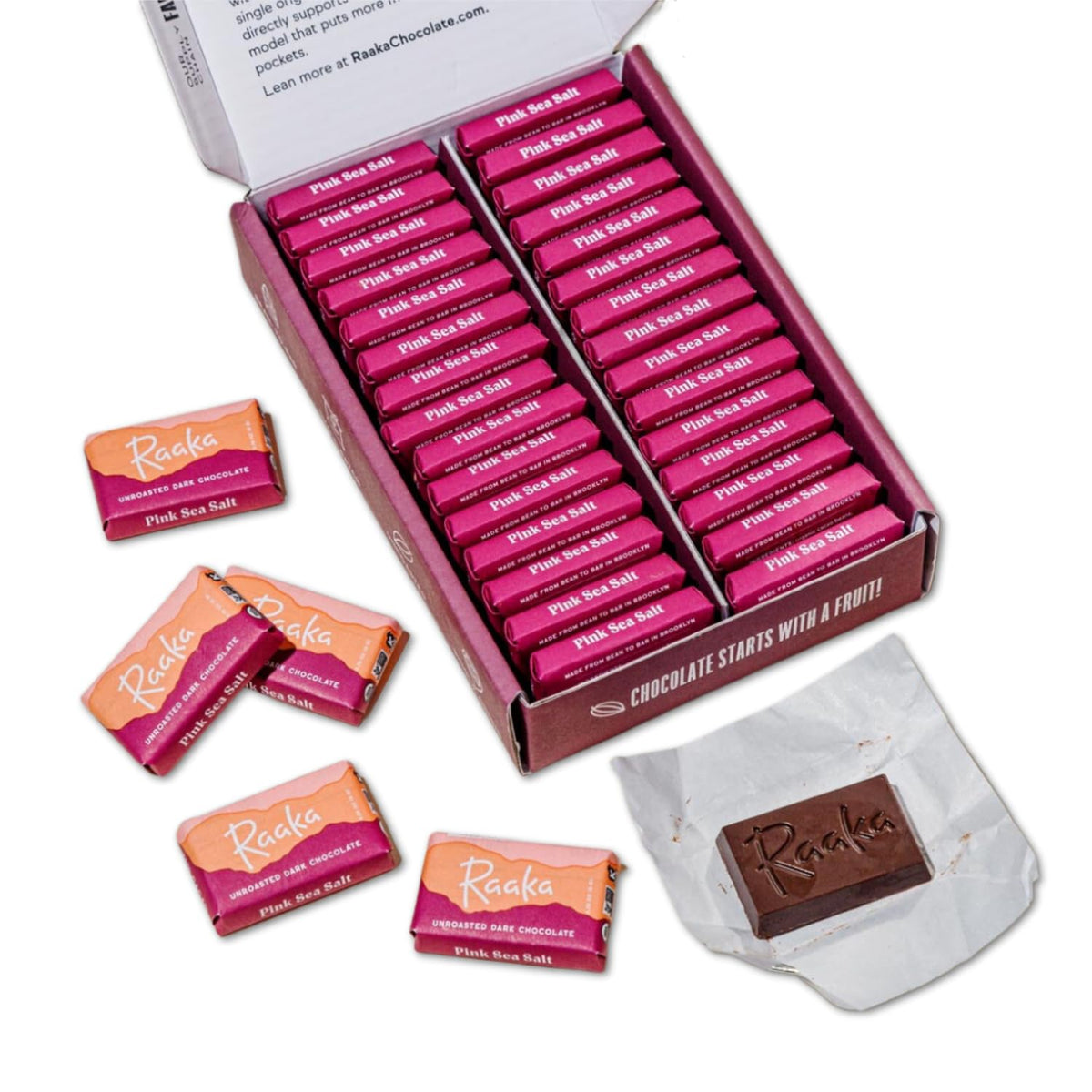 Raaka Pink Sea Salt Chocolate Gift Box | 71% Cacao Dark Chocolate | Organic, Vegan, Gluten Free | Box of 30 Individually Wrapped Chocolates