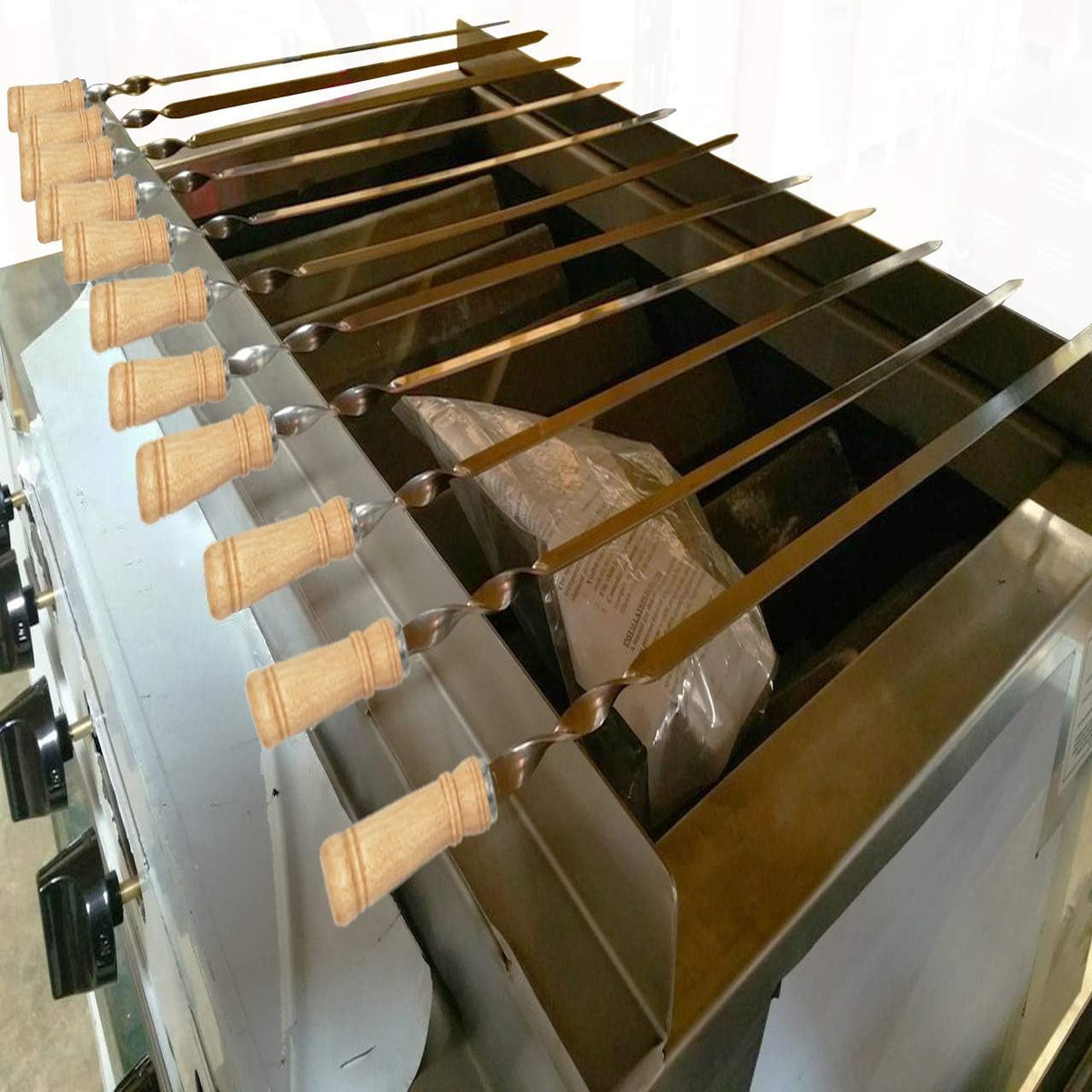 12 Pack Kabob Skewers BBQ Barbecue Skewers Stainless Steel Sticks 23.5 Inch Heavy Duty Large Wide Reusable with Nonslip Wooden Handle Ideal for Shish Kebab Chicken Shrimp and Vegetables