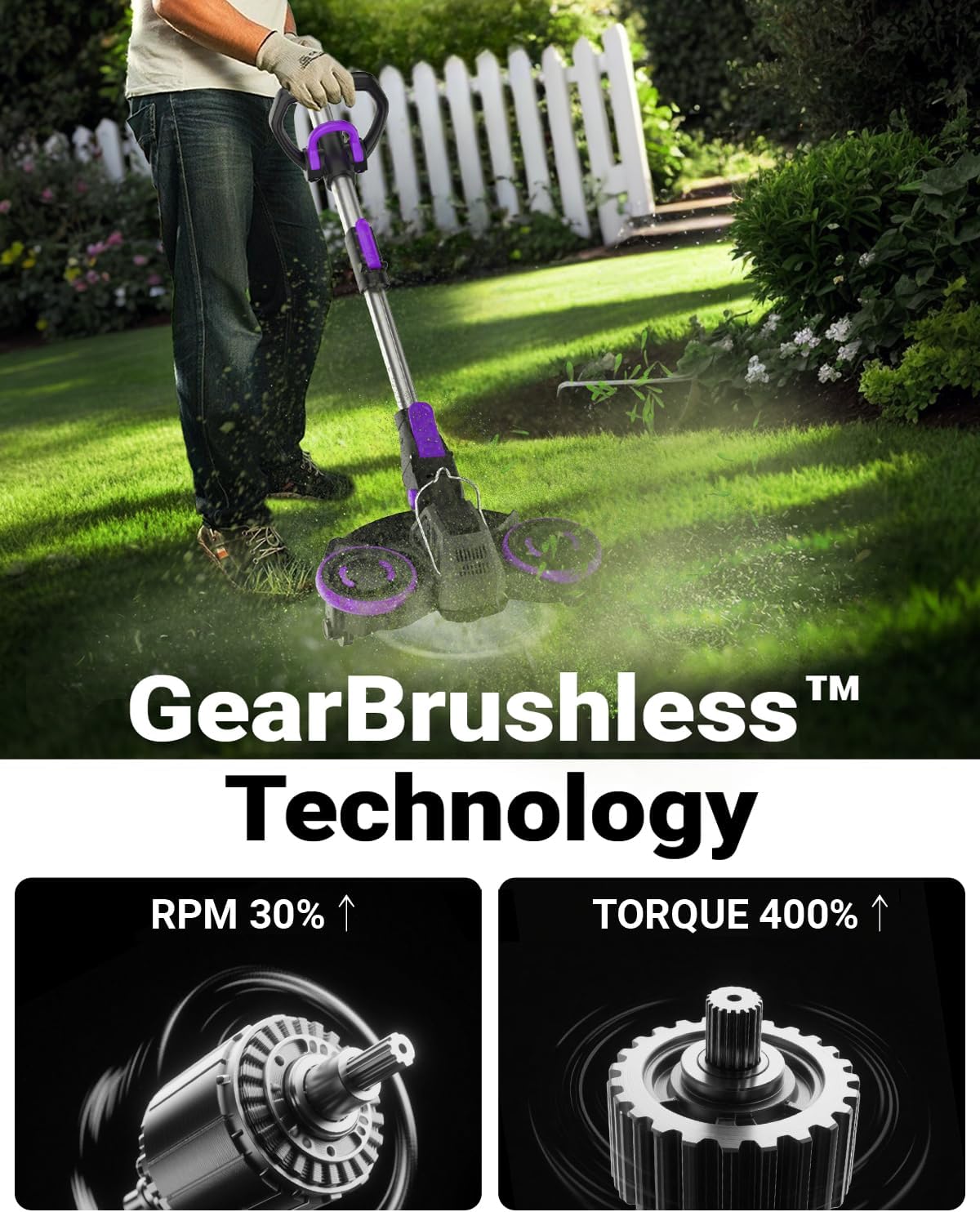 Weed Wacker Cordless, GearBrushless™, 3-in-1 Edger/Mower/Trimmer with Blade, 20V Battery Powered, 60 Min Runtime (with One Battery)