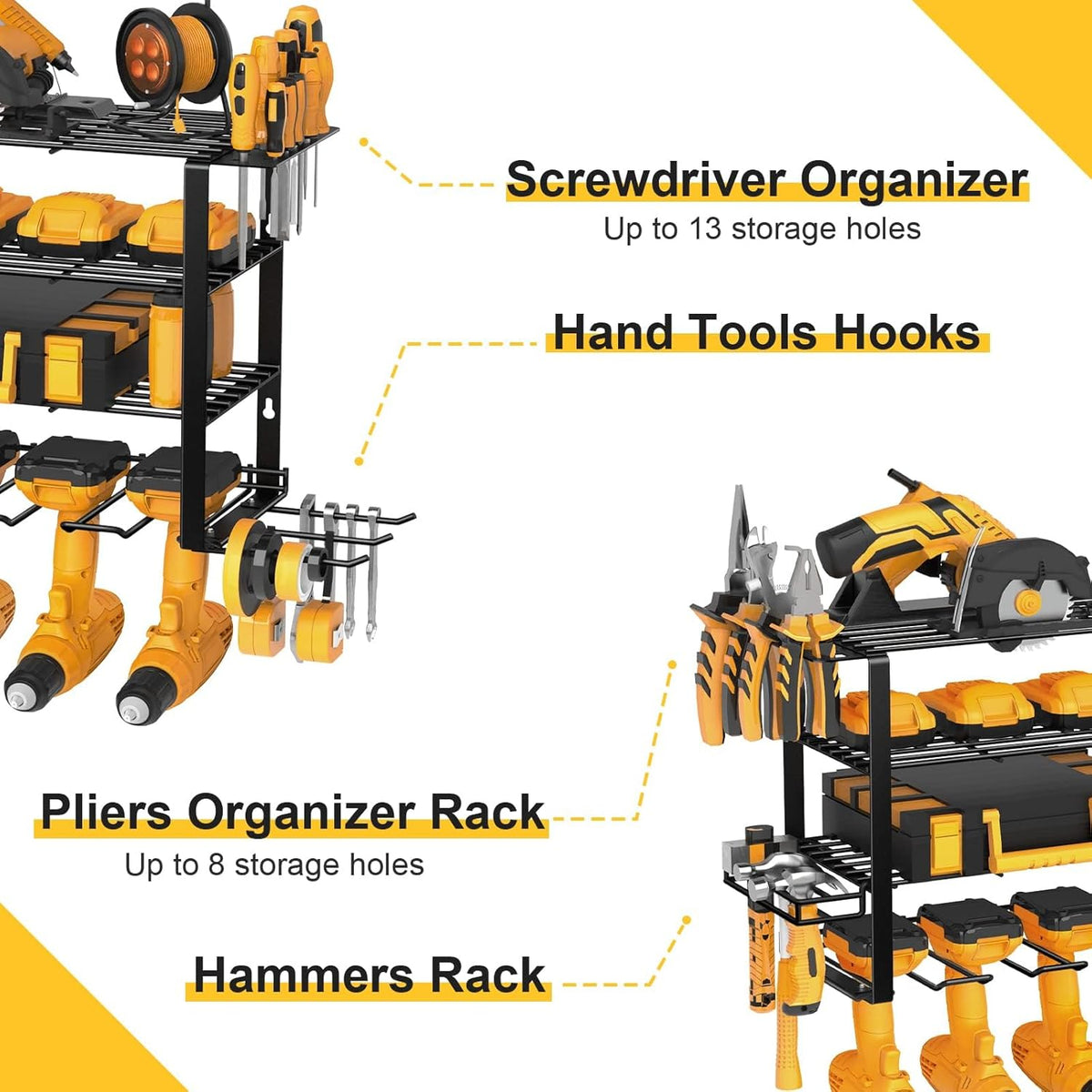 5 Layers 2 IN 1 Power Tool Organizer Wall Mount for Dad, 8 Cordless Drill Holder Garage Organization Heavy Duty Metal Loads 250LBS, Garage Shelving for Garden Power Tool Storage, Tool Rack for Men