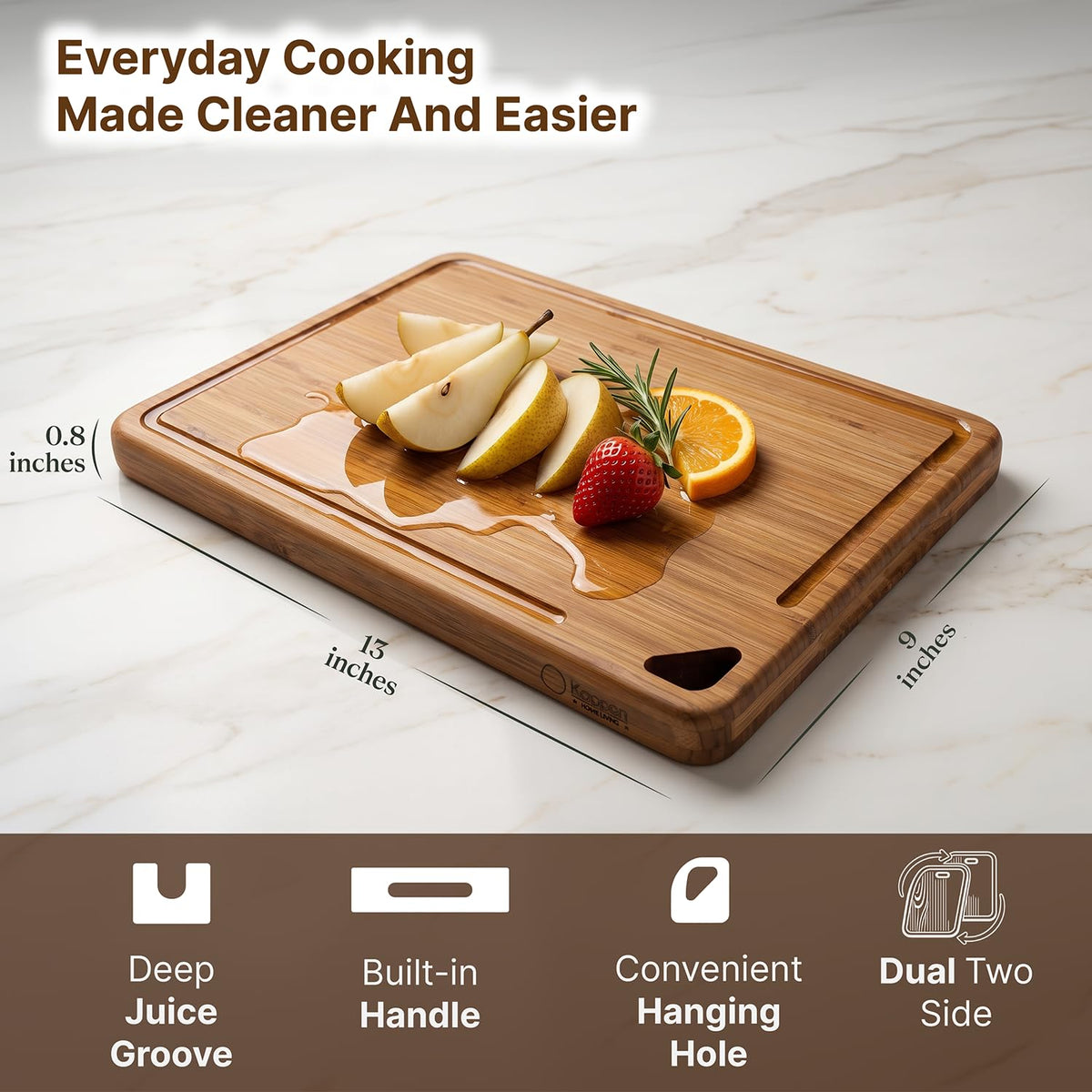 Dishwasher Safe Bamboo Cutting Board, Cell-Level Stabilized Wood for Anti-Crack & Resist Water Absorption, Deep Juice Groove, Built-in Handles, Dual-Sided, Ideal Kitchen Gift, Size 13 x 9 in