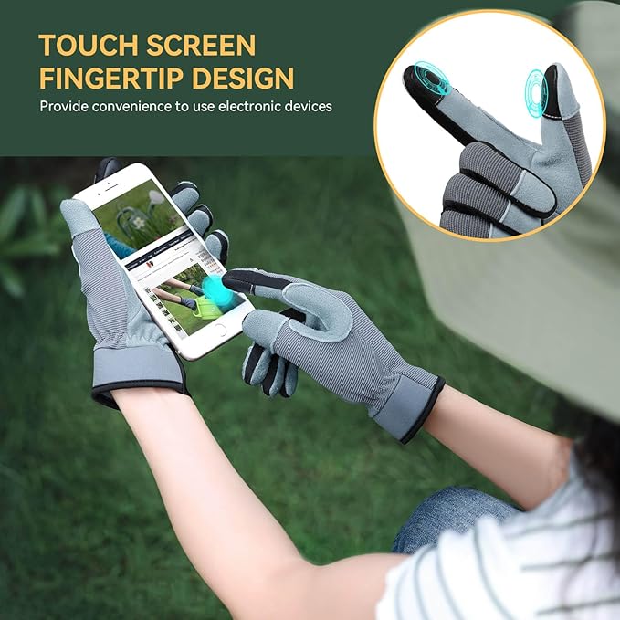 OZERO Women Leather Work Gloves: Touch Screen | Deerskin Garden Gloves with Grip | Ideal for Yard Work, Daily Tasks, Driving