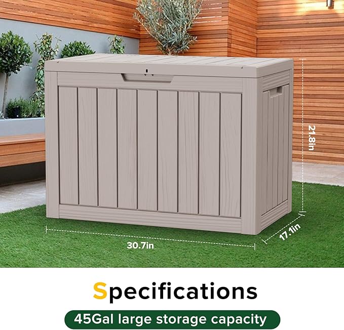 45 Gallon Patio Storage Box - Waterproof Deck Box for Outdoor Toys, Space-Saving Resin Chest with Lock for Cushions & Pool Gear, UV-Resistant, Ash Grey