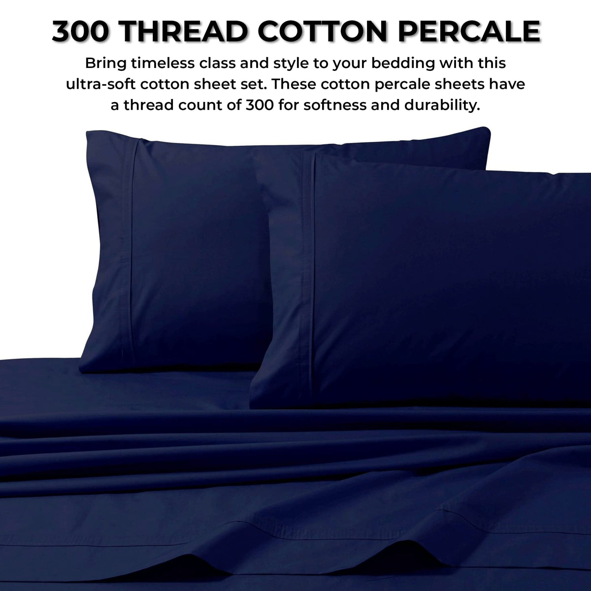 Tribeca Living Queen Cotton Percale Deep Pocket Sheet Set, Midnight Blue