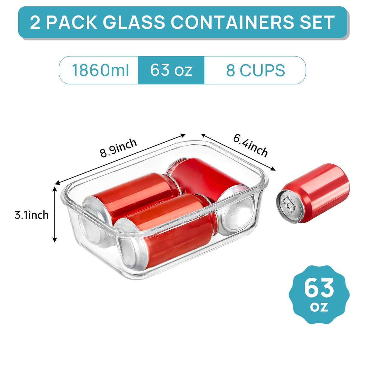Vtopmart 2Pack 1860ml/63oz Large Glass Storage Containers With Lids, Grey