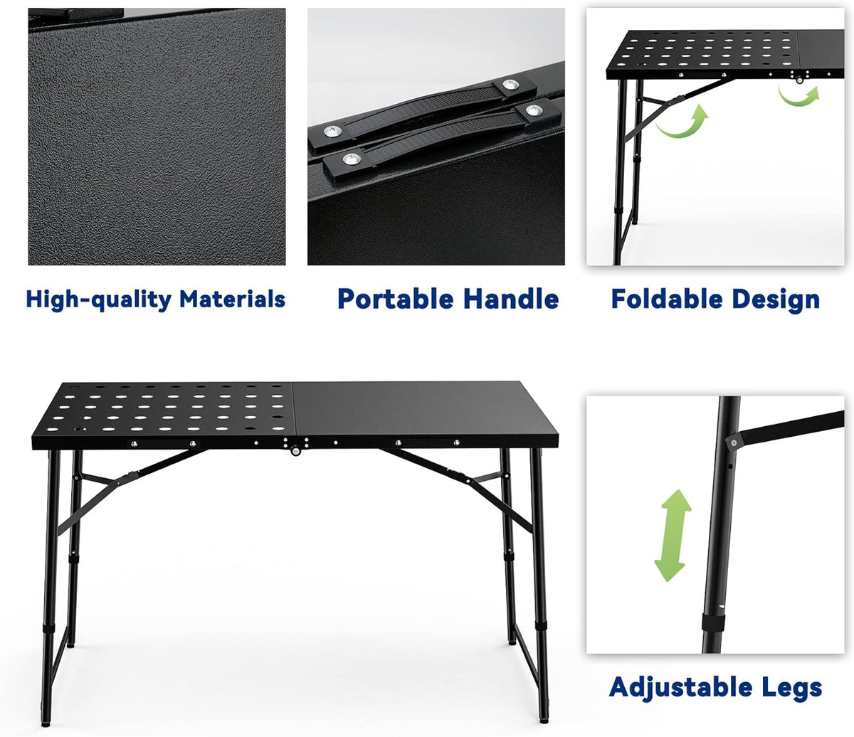 Skyflame Folding Camping Table with Adjustable Height Legs, Black Metal Portable Outdoor Grill Stand Table with Handle for BBQ, Grilling, Camping Trip, RV, Picnic, Backyards, Tailgating