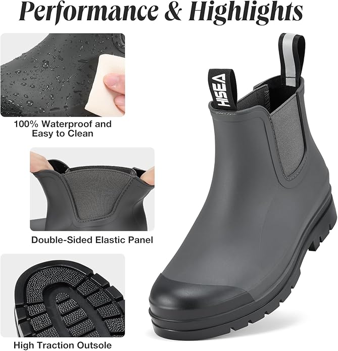 HISEA Women's Short Rain Boots Waterproof Garden Shoes Rubber Chelsea Boots Anti-Slipping Rainboots for Ladies with Comfort Insole Lightweight Stylish Ankle Rain Shoes Outdoor Work Booties