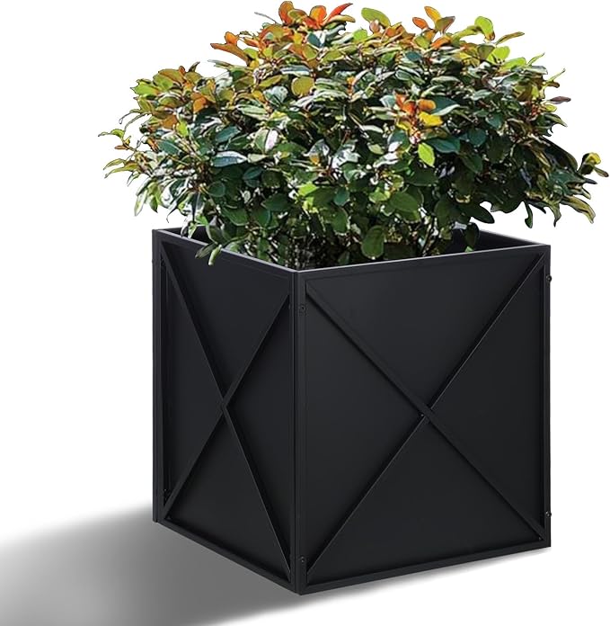 Metal Square Planter Box Tall Planters for Outdoor Plants Modern Heavy Duty with Drainage Holes for Outside Indoor Patio Deck - Black, 17”x 17”x 18”