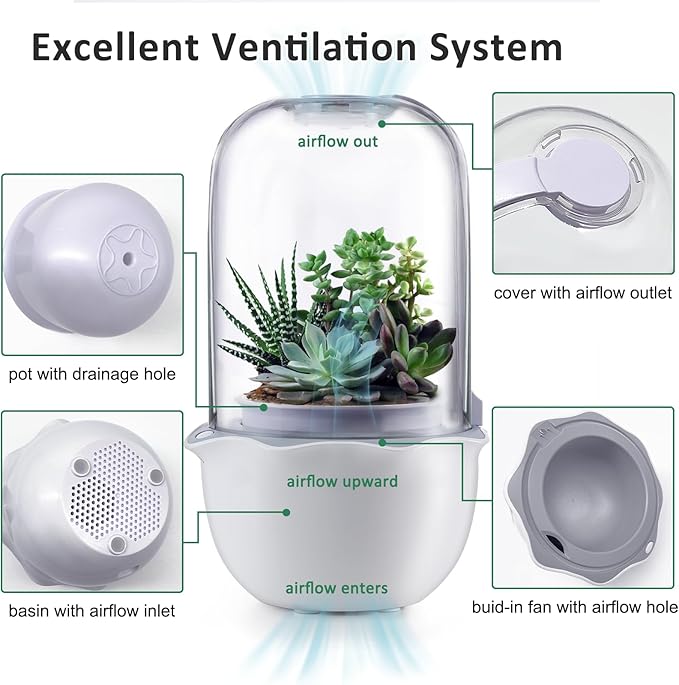 Smart Venus Fly Trap Terrarium Pot with Timer&Fan,Succulent Planter with Grow Light,Indoor Plant Pots Terrarium with Drainage Hole for Carnivorous Plants,Sundew Moss,Cactus(No Plant)