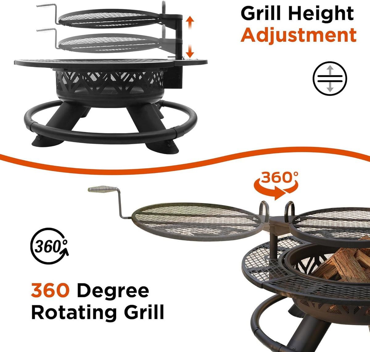 Red Mountain Valley 47" Outdoor Fire Pit with Adjustable Grill, 2-in-1 Outdoor Large Wood Burning Firepit Bowl, Bonfire Patio Fire Pits with Cooking grates, Metal Round Table for Backyard