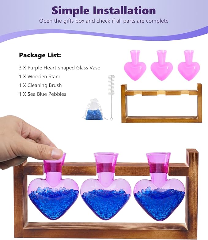 Nacome Plant Terrarium for Office Decor: Birthday Gifts for Plant Lovers Women Mom Wife - Wooden Stand Tabletop Planter 3 Bulb Glass Vase Heart Shaped for Hydroponics Indoor Home(Purple)